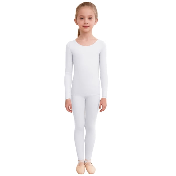 Haitryli Girls Fleece Figure Skating Outfits Seamless Long Sleeve Top with Pants Set for Gymnastics Ballet Dance Practice B White 10-14
