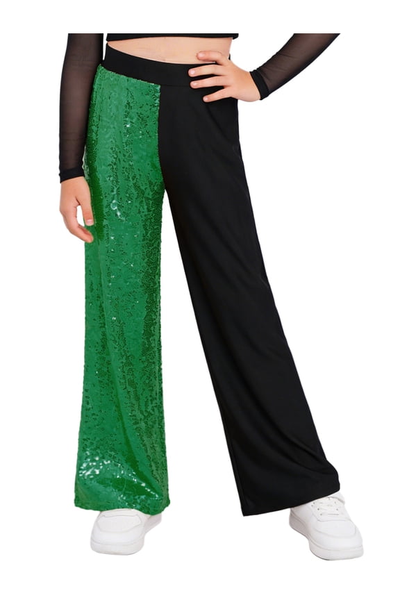 Girls Glitter Sequin Hip Hop Jazz Dance Trousers Color Block Straight Leg Street Dance Pants Loose Fit Dancewear Green 16