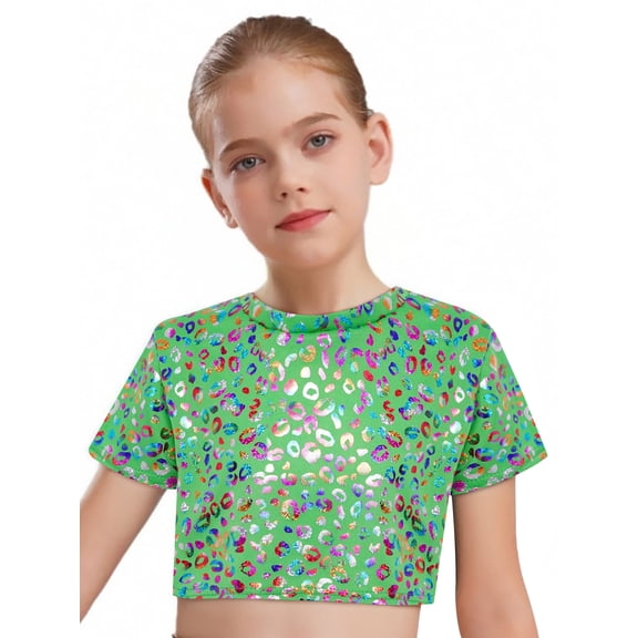 Haitryli Girls Glittery Crop Tops Jazz Dance Performance Dancewear Modern Steeetwear Round Neck Hip Hop Clothes Green 5-6