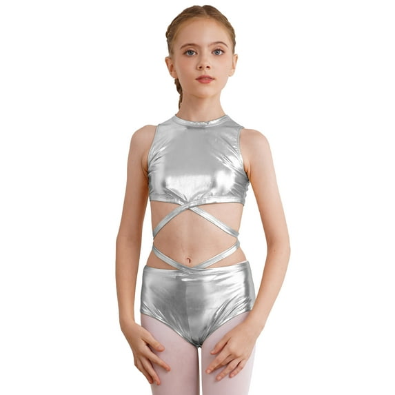 Haitryli Girls Gymnastics Dance Leotard Shiny Metallic Bodysuit Crisscross Waist Unitard Ballet Dancewear Silver 8