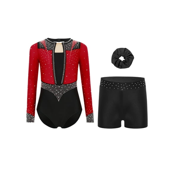 Haitryli Girls' Gymnastics Set Ballet Leotards Skating Jumpsuit with Shorts and Hairband Three-Piece Athletic Bodysuit Burgundy Black 12