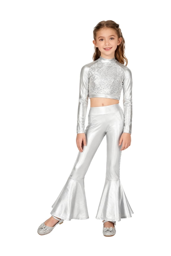 Girls Hip Hop Performance Outfits Sparkly Jazz Salsa Dance Set Long Sleeve Crop Top with Flared Pants Dancewear Silver 6