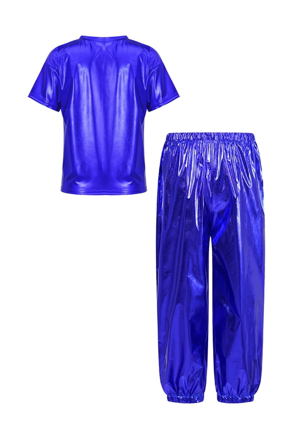 Girls Jazz Dance Suit Hip Hop Outfits Metallic T-Shirts with Long Pants Glitter Tracksuit Dancewear Performance Royal Blue 3-4