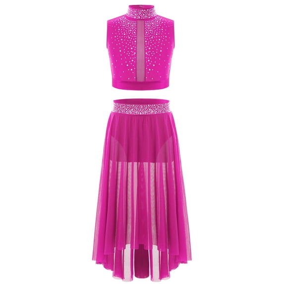 Haitryli Girls Jazz Latin Ballet Costume 2 Piece Modern Dancing Clothes Dance Outfits Set Irregular Skirts Set Hot Pink 14