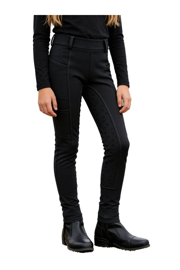 Girls Kids Riding Pants Horse Equestrian Breeches Horse Schooling Tights Full Seat Black 14