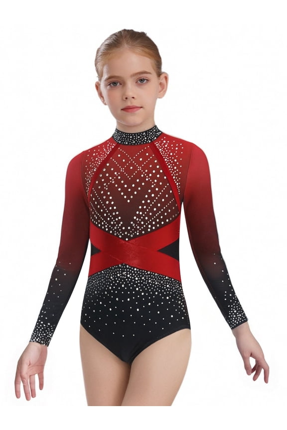 Girls Kids Stretchy Unitard Gymnastics Leotard Long Sleeve Dance Jumpsuit Athletic Yoga Bodysuit Red 16