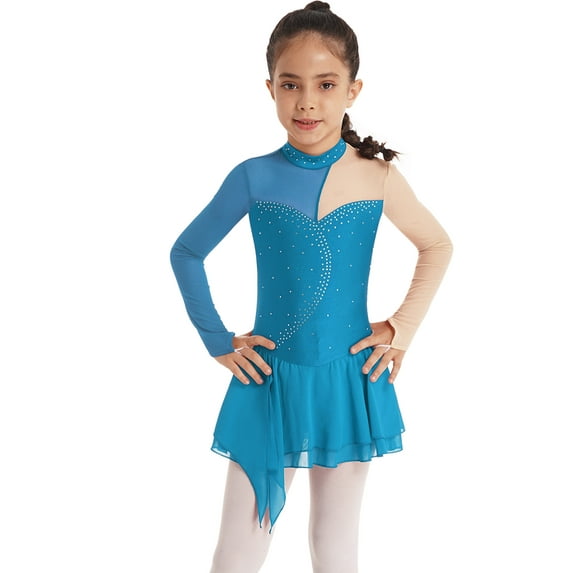 Haitryli Girls Long Sleeve Figure Ice Skating Dress Kids Shiny Rhinestone Ballerina Ballroom Costume Light Blue 12