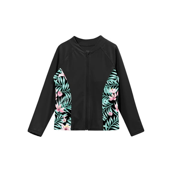 Haitryli Girls Long Sleeve Rash Guard Jacket Front Zipper Beach Swim Shirt UV Sun Protection Black 8