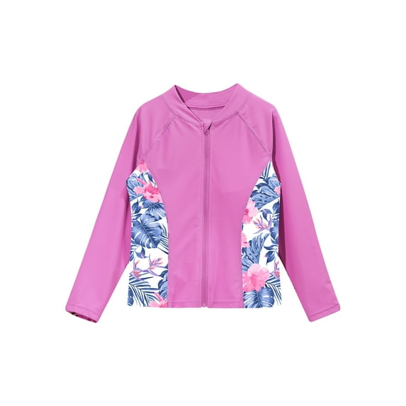 Haitryli Girls Long Sleeve Rash Guard Jacket Front Zipper Beach Swim Shirt UV Sun Protection Pink 16