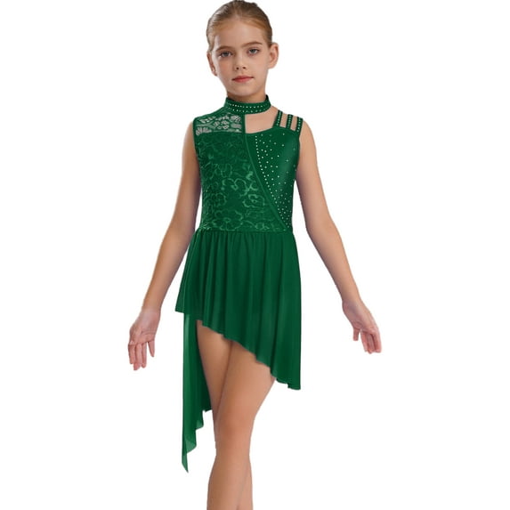 Haitryli Girls Lyrical Dance Dress Kids Floral Lace Sleeveless Rhinestones Irregular Leotard Dress Ballet Dancewear Green 16