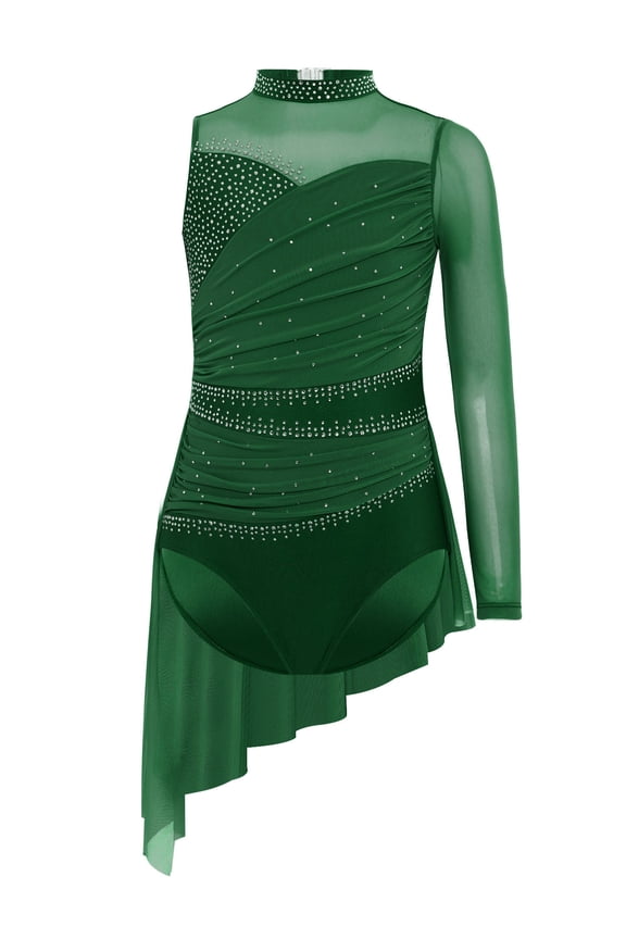 Girls Lyrical Figure Skating Dance Dress Glitter Rhinestone Leotard Mesh Skirt Irregluer Hem Competition Dancewear Green 6