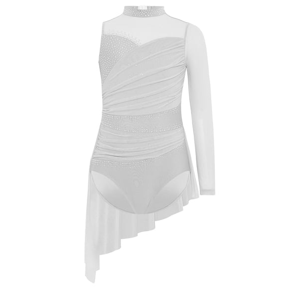 Haitryli Girls Lyrical Figure Skating Dance Dress Glitter Rhinestone Leotard Mesh Skirt Irregluer Hem Competition Dancewear White 8