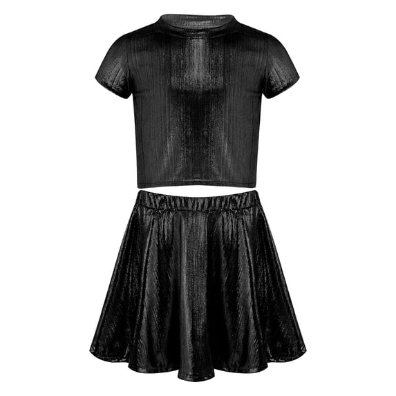 Haitryli Girls Metallic Crop Tops with Shiny Pleated Skirt Rave Dance Outfits Cheer Outfit for Hip-hop Black 10-14