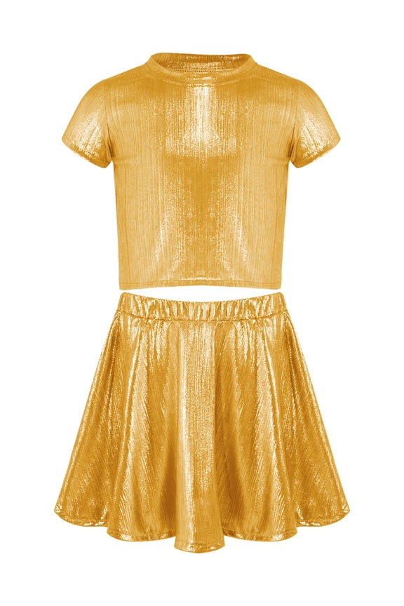 Girls Metallic Crop Tops with Shiny Pleated Skirt Rave Dance Outfits Cheer Outfit for Hip-hop Gold 6-10