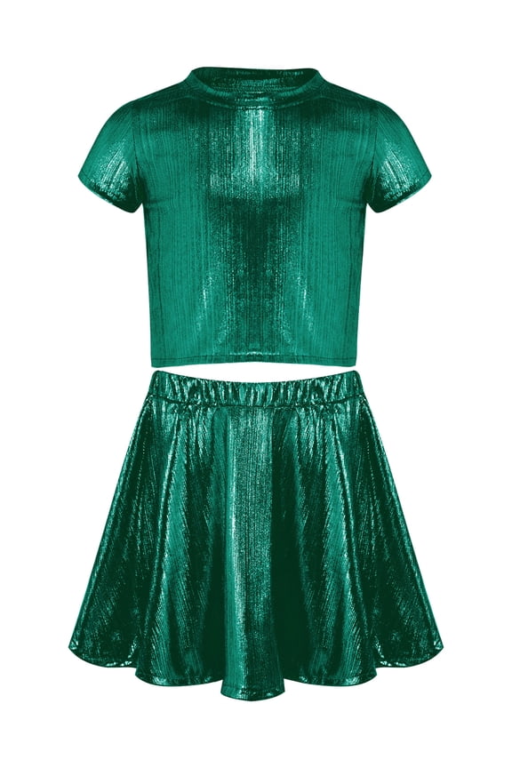 Girls Metallic Crop Tops with Shiny Pleated Skirt Rave Dance Outfits Cheer Outfit for Hip-hop Green 6-10