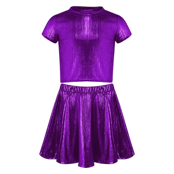 Haitryli Girls Metallic Crop Tops with Shiny Pleated Skirt Rave Dance Outfits Cheer Outfit for Hip-hop Purple 2-6