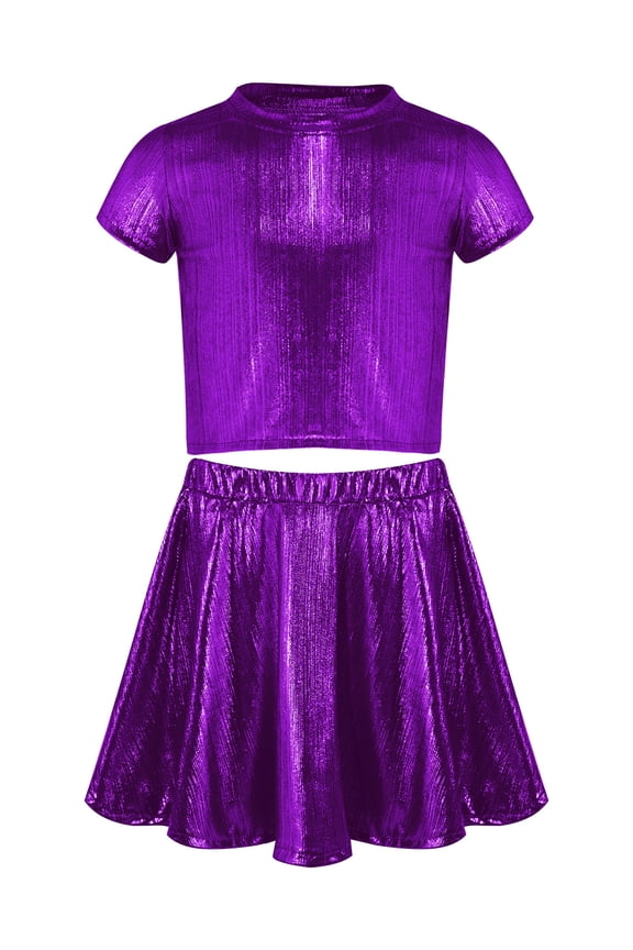 Girls Metallic Crop Tops with Shiny Pleated Skirt Rave Dance Outfits Cheer Outfit for Hip-hop Purple 6-10