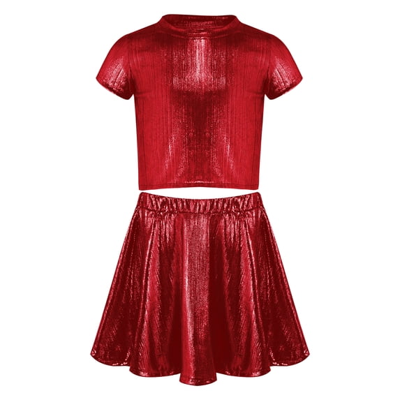 Haitryli Girls Metallic Crop Tops with Shiny Pleated Skirt Rave Dance Outfits Cheer Outfit for Hip-hop Red 10-14