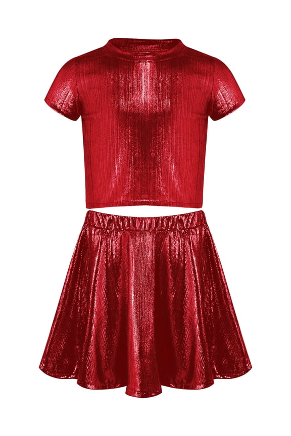 Girls Metallic Crop Tops with Shiny Pleated Skirt Rave Dance Outfits Cheer Outfit for Hip-hop Red 6-10