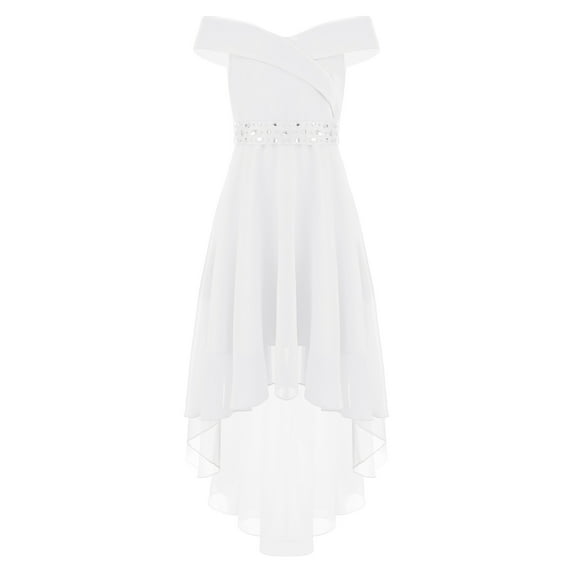 Haitryli Girls Off Shoulder Evening Gown High Low Hem Wedding Party Dress Formal Gown White 16