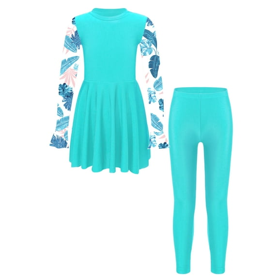 Haitryli Girls Rash Guard Swimsuit 2-Piece Set Long Sleeve Swim Dress with Leggings Beach Swimwear Lake Green 14