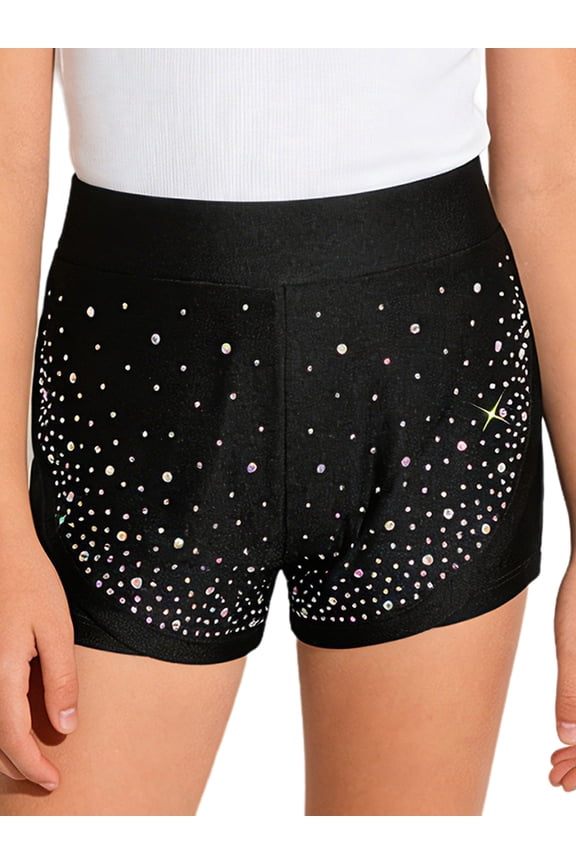 Girls Rhinestone Athletic Gymnastics Shorts Sparkle Ballet Dance Tumbling Shorts Hot Pants Dancewear Black 8