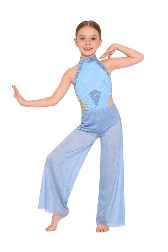 Girls Ruched Mesh Figure Skating Leotard Lyrical Dance Jumpsuit Ballet Dance Bodysuit Ballroom Dancewear Blue 6