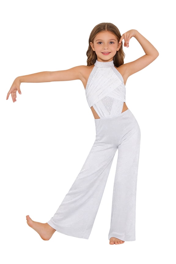 Girls Ruched Mesh Figure Skating Leotard Lyrical Dance Jumpsuit Ballet Dance Bodysuit Ballroom Dancewear White 10