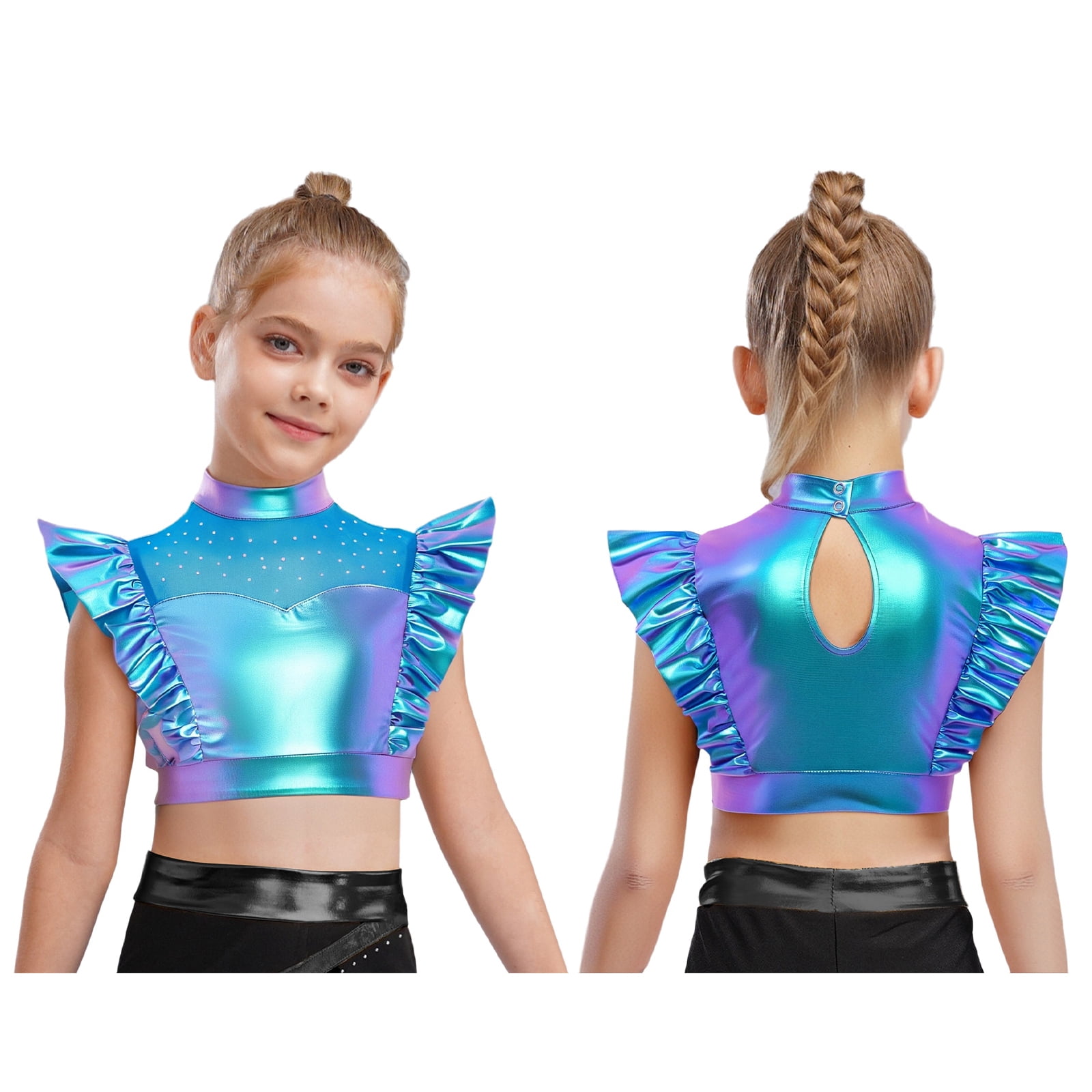 Tops For Raves Haitryli Girls Ruffle Layered Crop Tops Metallic Hip Hop Dance Shirts ...