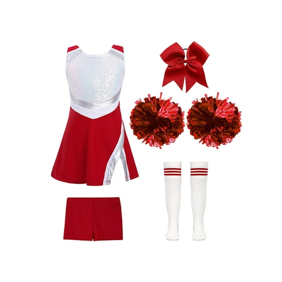 Haitryli Girls Sequin Cheer Leader Outfit Kids Shiny Dance Dress with Shorts and Hair Tie 2Pcs Pom Poms Striped Socks Set A Red 4