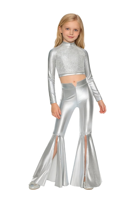 Girls' Sequin Dance Clothes Set Hip Hop Jazz Modern Dancing Outfits Theme Party Dancewear Recital Suit Silver 6