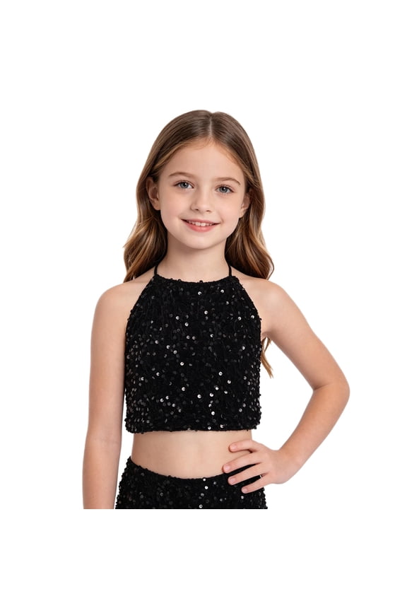 Girls Sequin Jazz Top Sleeveless Halter Crop Top with Strappy Open Back for Stage Performance Black 9-10