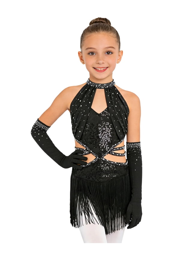 Girls Sequin Latin Dance Dress with Gloves Sleeveless Halter Neck Cutout Backk Tassels Jazz Cha Cha Dance Dress Black 16