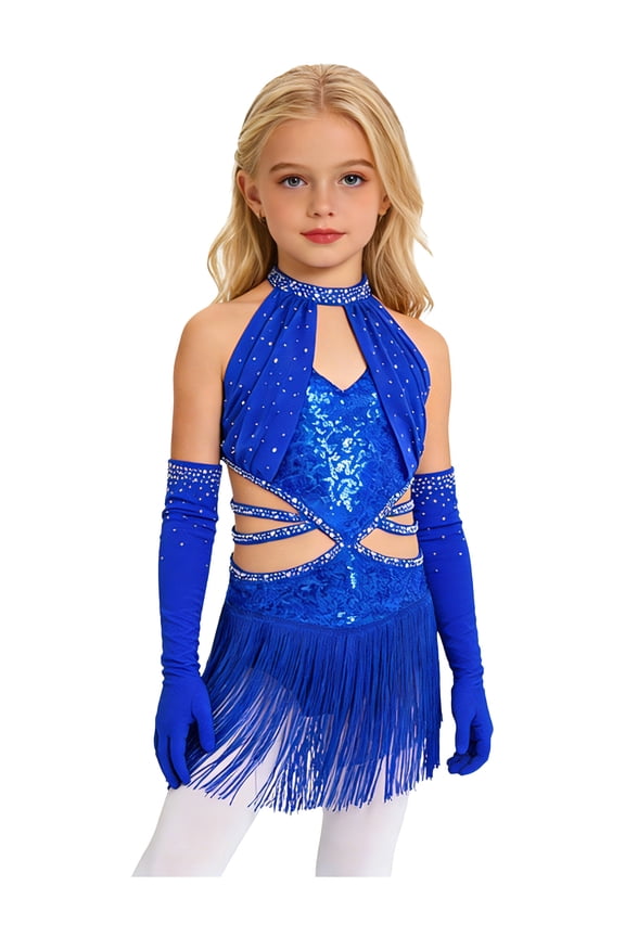 Girls Sequin Latin Dance Dress with Gloves Sleeveless Halter Neck Cutout Backk Tassels Jazz Cha Cha Dance Dress Royal Blue 8