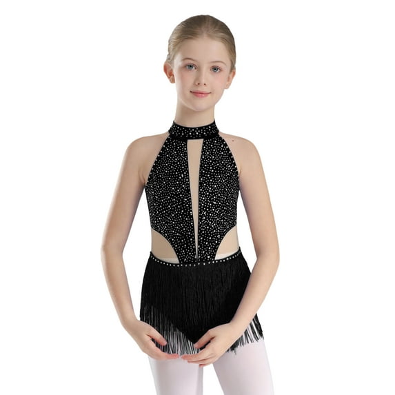 Haitryli Girls Sequined Tassel Latin Jazz Dance Dress Sleeveless Rhinestone Ballet Leotard Salsa Rumba Costume Black 8