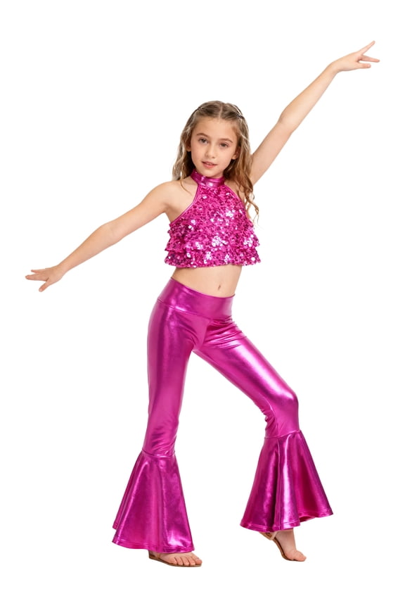 Girls Sequins Dance Outfits Crop Top with Ruffle Bell-Bottom Performance Clothes Set Carnival Party Dancewear Hot Pink 14