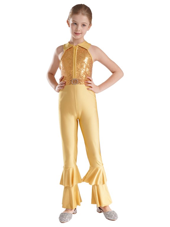 Girls Sequins Full Body Tank Unitards Zipper Back Bodysuit Gymnastics Leotard Hippie Disco Jazz Dance Jumpsuit Gold 14