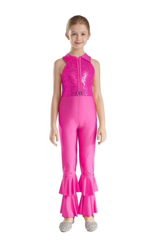 Girls Sequins Full Body Tank Unitards Zipper Back Bodysuit Gymnastics Leotard Hippie Disco Jazz Dance Jumpsuit Hot Pink 8