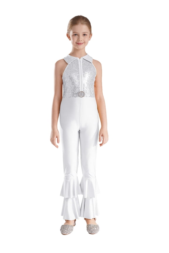 Girls Sequins Full Body Tank Unitards Zipper Back Bodysuit Gymnastics Leotard Hippie Disco Jazz Dance Jumpsuit Silver 6
