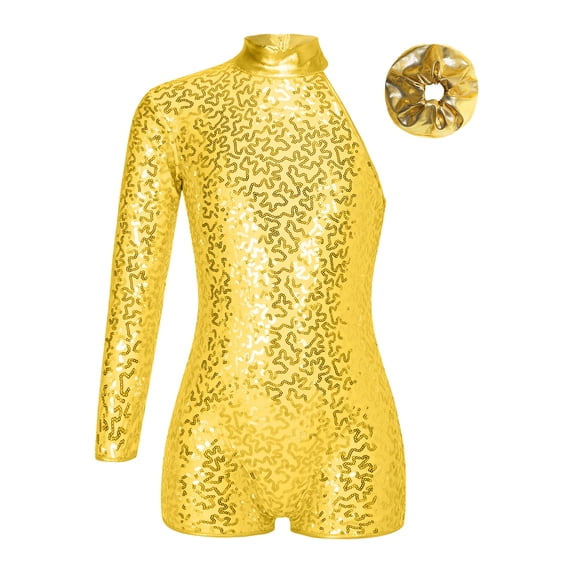 Haitryli Girls Sequins One Shoulder Ballet Dance Leotard Gymnastic Unitard Biketard Bodysuit Jumpsuit Dancewear Gold 12