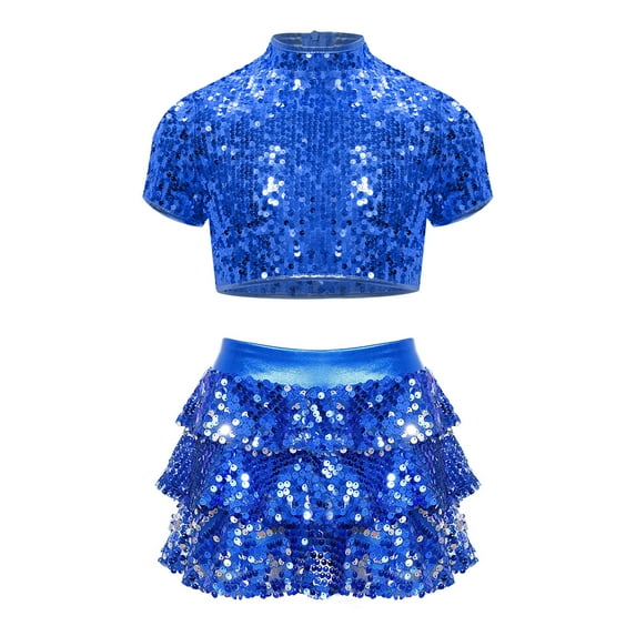 Haitryli Girls Shiny Latin Jazz Dance Outfits Short Sleeve Crop Top with Tiered Ruffle Skirt Cheerleading Dancewear Blue 16
