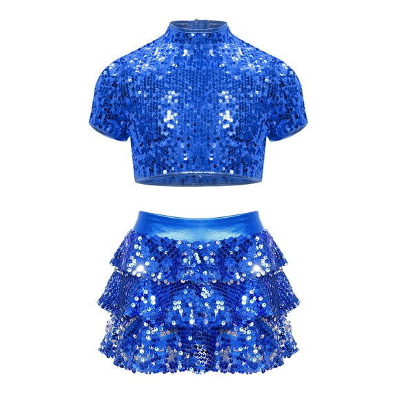 Haitryli Girls Shiny Latin Jazz Dance Outfits Short Sleeve Crop Top with Tiered Ruffle Skirt Cheerleading Dancewear Blue 8