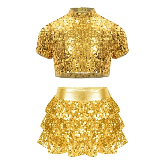 Haitryli Girls Shiny Latin Jazz Dance Outfits Short Sleeve Crop Top with Tiered Ruffle Skirt Cheerleading Dancewear Gold 8