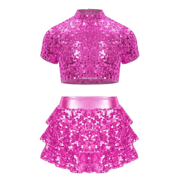 Haitryli Girls Shiny Latin Jazz Dance Outfits Short Sleeve Crop Top with Tiered Ruffle Skirt Cheerleading Dancewear Hot Pink 14
