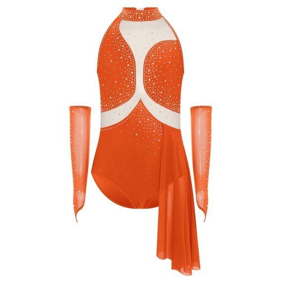 Haitryli Girls Shiny Rhinestone Mesh Jazz Latin Dance Leotard Asymmetric Gymnastics Bodysuit with Gloves Orange 6
