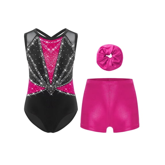 Haitryli Girls' Sleeveless Dance Leotards with Shorts Hair Tie Three-Piece Sparkling Ballet Unitards Gymnastics Outfits Hot Pink 10