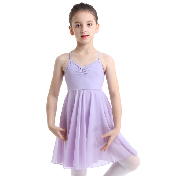 Haitryli Girls Spaghetti Chiffon Ballet Dance Dress Empire Waist Gymnastics Leotard Overlay Lyrical Ballerina Costume Lavender 8-10