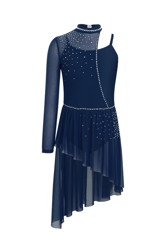 Girls Sparkle Figure Skating Dress One Shoulder Long Sleeve Backless Lyrical Dance Dress Ballet Performance Leotard Navy Blue 6
