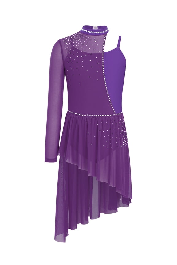 Girls Sparkle Figure Skating Dress One Shoulder Long Sleeve Backless Lyrical Dance Dress Ballet Performance Leotard Purple 16
