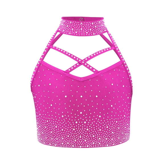 Haitryli Girls Sparkle Rhinestone Crop Top Halter Neck Sleeveless Vest For Gymnastics Ballet Performance Hot Pink 16